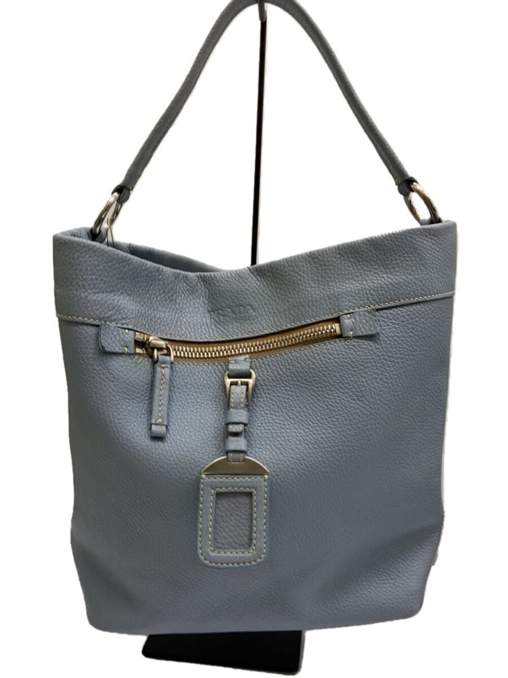 Prada Vitello Daino leather hobo shoulder bag zipper luggage tag Blue